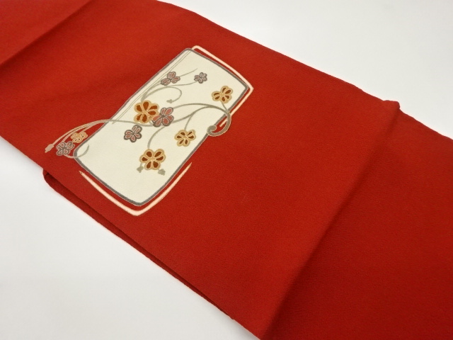 縮緬地手描き金彩四角に花唐草模様名古屋帯